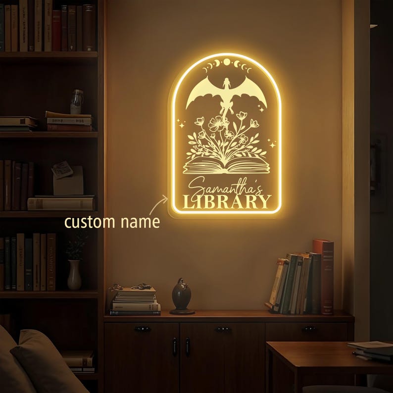 Personalized Library Name LED Neon Sign Fantasy Dragon Custom Name Book ...