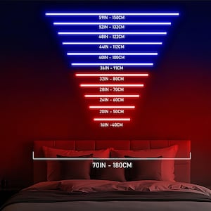May include: A bedroom scene featuring a bed and a red and blue neon light display. The display shows measurements in inches and centimetres, ranging from 40cm to 150cm. The bed's width is 180cm.