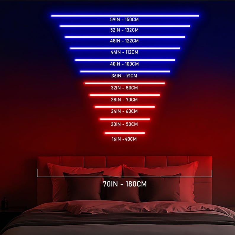 May include: A bedroom scene featuring a bed and a red and blue neon light display. The display shows measurements in inches and centimetres, ranging from 40cm to 150cm. The bed's width is 180cm.