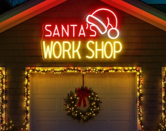 Letrero de neón del taller de Santa Claus, decoración navideña para el hogar, arte mural navideño, decoración navideña para bares, letrero de neón personalizado, decoración festiva para habitaciones.