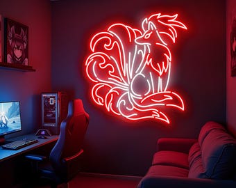 Nine Tailed Fox Anime Neon Sign Kitsune LED Wall Art Anime Gaming Room Decor Cyberpunk LED Light Unique Fantasy Neon Sign Gift for Him