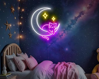 Clumsy Cat Moon Neon Sign Funny Cat Wall Art Cute Cat Led Sign Cat Moon Star Kawaii Cat Wall Art Kawaii Room Decor Girl Game Room Decoration