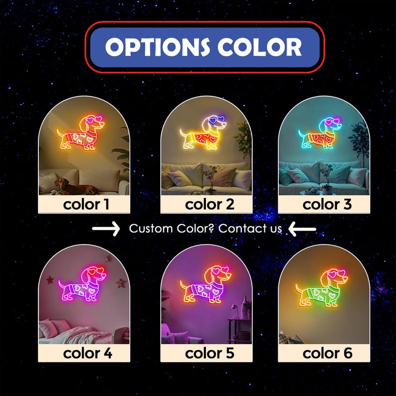 K&ouml;nnte beinhalten: Sechs verschiedene Farboptionen f&uuml;r ein Neon-Schild mit einem Dackel, der eine Sonnenbrille und ein Herz-Muster-Shirt tr&auml;gt. Der Text "OPTIONS COLOR" befindet sich oben im Bild. Der Text "Custom Color? Contact us" befindet sich in der Mitte des Bildes. Der Text "color 1", "color 2", "color 3", "color 4", "color 5" und "color 6" befindet sich unter jedem Neon-Schild.