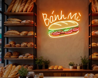 Letrero de neón vietnamita Banh Mi, decoración de cocina de restaurante, luz de neón de comida callejera, decoración de pared para restaurante asiático, arte de pared de comida vietnamita