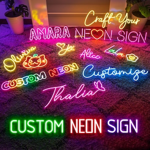 May include: A collection of custom neon signs featuring various colours and designs. The signs include names such as "Amara", "Olivia", "Yer", "Alice", "Lala", "Thalia", and "Customize". The signs also feature a cat, a heart, and a flower. The text "Craft Your Neon Sign" and "Custom Neon Sign" are also visible.