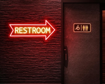 Letrero de neón para baño, letrero LED de flecha para baño, luz LED para baño para cafetería, bar, oficina o casa, letrero de neón personalizado y divertido para la dirección del baño
