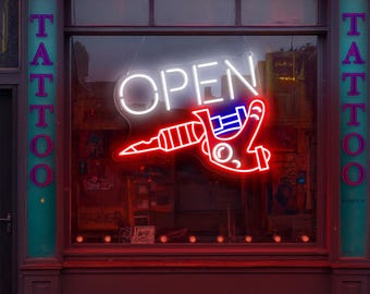 Letrero de neón abierto para estudio de tatuajes, luz LED para estudio de tatuajes, letrero de neón abierto, letrero de bienvenida para negocios, decoración para el espacio de trabajo de un tatuador, arte mural punk