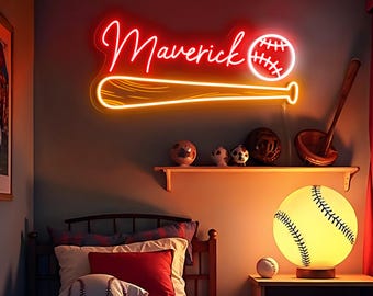 Letrero de neón de béisbol con nombre personalizado para niños, letrero de neón con nombre personalizado para niños, letrero con nombre de béisbol, idea de regalo de cumpleaños para adolescentes, decoración de pared para habitación