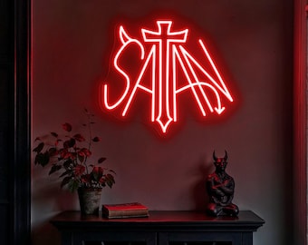 Satan Neon Sign, Halloween LED Sign, Gothic Dark Wall Decor, Lucifer Neon Sign, Goth Lover Gift, Pentagram Neon Sign, Custom Neon Sign