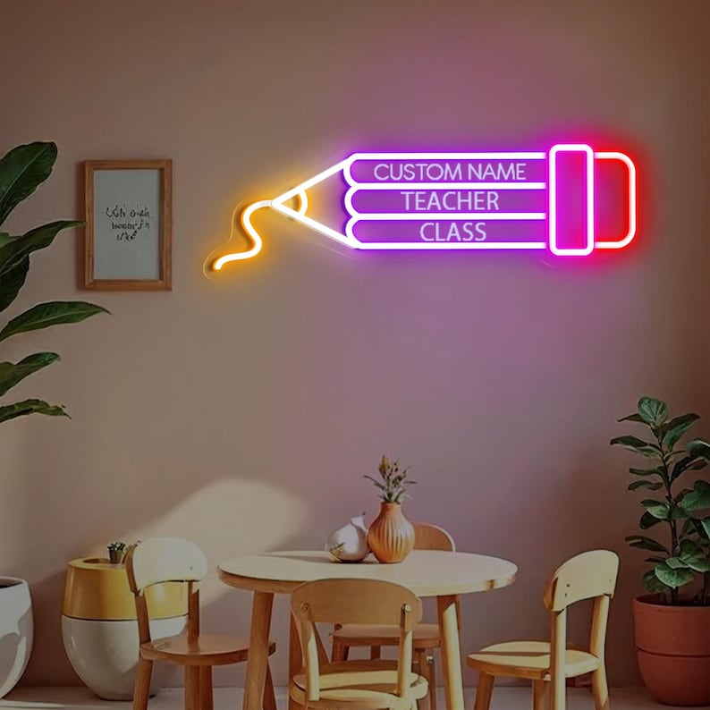 Neon Class Sign Personalized Teacher Name's Class Pencil LED Neon Sign Custom Classroom ...