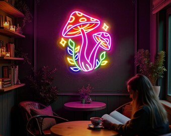 Letrero de neón de hongo, letrero de neón LED de hongo colorido, arte de pared estético, letrero de neón para sala de estar y dormitorio, letrero de neón personalizado, luz LED de hongo