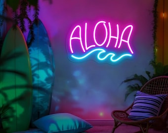ALOHA ネオン LED サインライト ハワイ風 インテリア 照明 壁掛け Aloha Neon Sign, Aloha With Wave LED Light, Tropical Wall Decor
