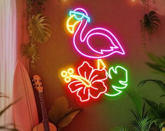 Letrero de neón con flamenco, hibisco y hoja de palma, decoración de pared LED tropical, luz de neón con ambiente playero, letrero de fiesta de verano, letrero de neón de vacaciones personalizado