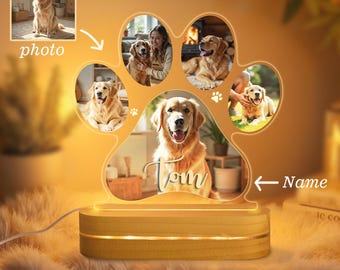 カスタムペット肉球テーブルナイトライト、カスタム犬猫写真ライト、犬の思い出ギフト、ペットメモリアルプラークネオンライト、ペット愛好家へのパーソナライズギフト