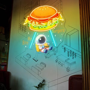 Astronaut Burger Neon Sign Business Logo Sign Custom Led Dimmable Hamburger Neon Light Up Sign Home Decor Fast Food Restaurant Decoration