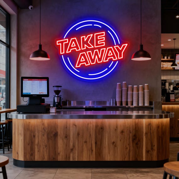 Take Away Neon Sign, Restaurant LED Wall Light, Fast Food Shop