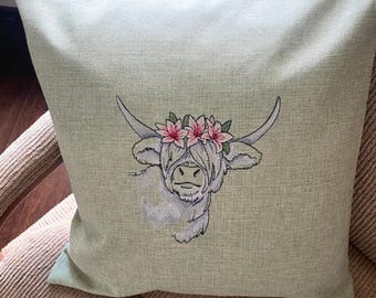 Scottish Highland Cow with Lilies Crown Pillow Cover
