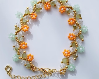 Flower Bead Bracelet | Orange Green High-Glossy Glass | Perfect Gift  | Custom