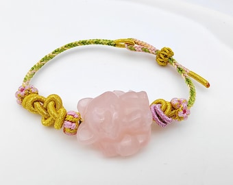 Rose Quartz Nine Tailed Fox Auspicious Knot Bracelet | Braided Chinese Knots| | Customizable Length