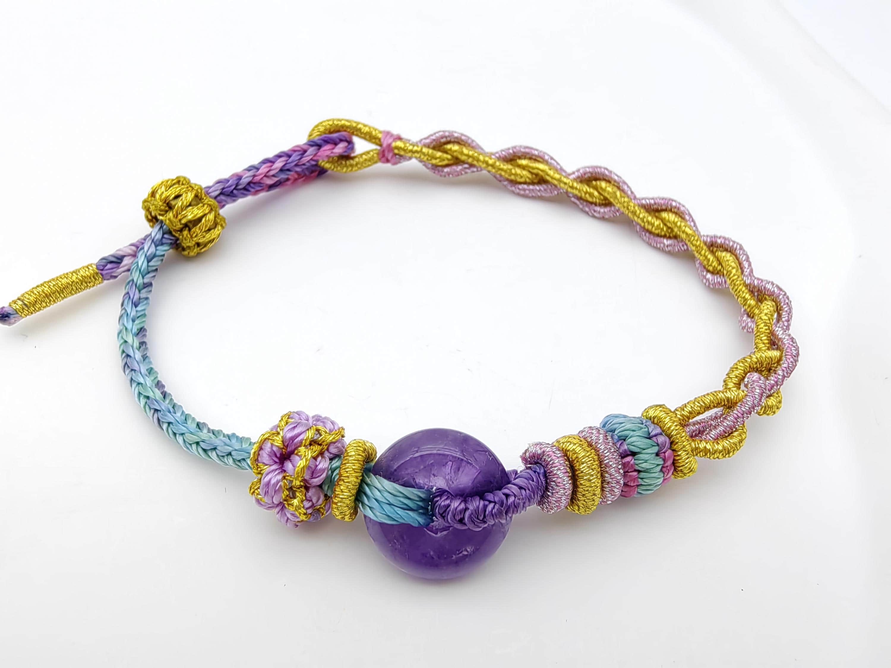 Amethyst Charm Bracelet | Braided Chinese Knots| | Customizable Length