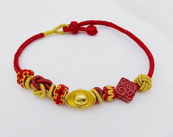 Gold Ingot & Cinnabar Chinese Symbolic Knot Bracelet | Anti-Stress Gift, Feng Shui Spiritual Jewelry | Perfect Gift | Handmade