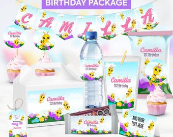 Personalisiertes Little Bee Plim Plim Geburtstagspaket, Little Bee Partypaket, Party-Ausdrucke. Personalisiertes Geburtstagspaket