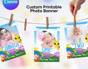 Plim Plim Bee 12-Monats-Fotobanner, CANVA-Vorlage, druckbar, personalisierbar, monatliche Dekoration für den ersten Geburtstag, Girlande zum ersten Geburtstag.