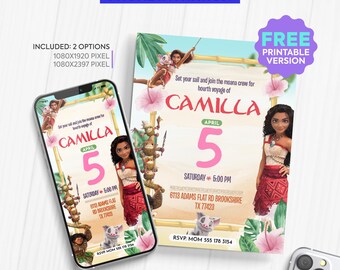 Elektronische Moana-Einladung, Telefon-Geburtstagseinladung | personalisierte Einladung | Digitale Einladung zu Moana | M1.