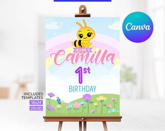 Willkommensschild für die Geburtstagsfeier einer kleinen Biene, Geburtstagsdekoration für eine kleine Biene, druckbare digitale Datei, Canva-Vorlage. SW3