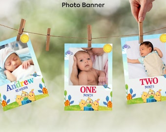 Canticos 12-Monats-Fotobanner, druckbar, personalisiert, Canticos 1. Geburtstag Monatsbanner Dekoration, 1. Geburtstag Fotogirlande. CB01