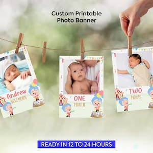 Pode incluir: Uma faixa de fotos imprimível com tema de circo. A faixa apresenta três molduras de fotos com imagens de um bebê em diferentes idades. As molduras são decoradas com personagens de palhaço coloridos e o texto "Andrew New Born", "One Month" e "Two Months".
