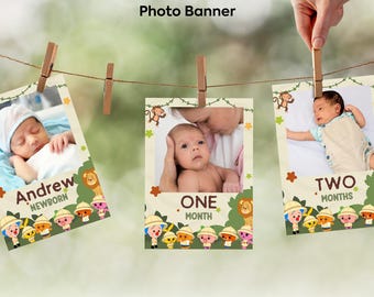 12 Monate Safari Plim Plim Fotobanner, druckbar, personalisiert, 1. Geburtstag Monatsbanner Dekoration, Fotogirlande zum ersten Geburtstag.