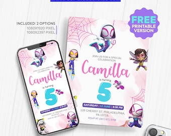 Invitation numérique Ghost Spider | Spidey et ses incroyables amis Invitation d’anniversaire | Fille-araignée numérique | invitation personnalisée