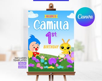 Willkommensschild „Kleine Biene plim plim“ zum Geburtstag, kleine Biene Geburtstag, kleine Biene PNG, druckbare digitale Datei, Canva-Vorlage. SW3