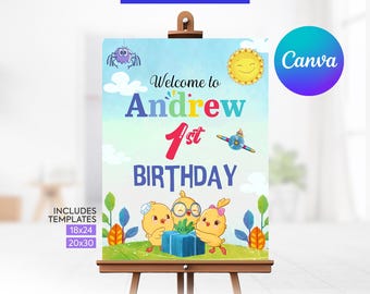 Willkommensschild zum Canticos-Geburtstag, Canticos-Geburtstagsdekoration, druckbare digitale Datei, Canticos-Cliparts, Canva-Vorlage. SW1