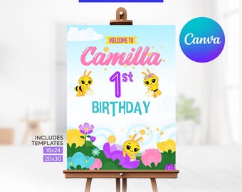 Willkommensschild für die Geburtstagsfeier einer kleinen Biene, Geburtstagsdekoration für eine kleine Biene, druckbare digitale Datei, Canva-Vorlage. SW1