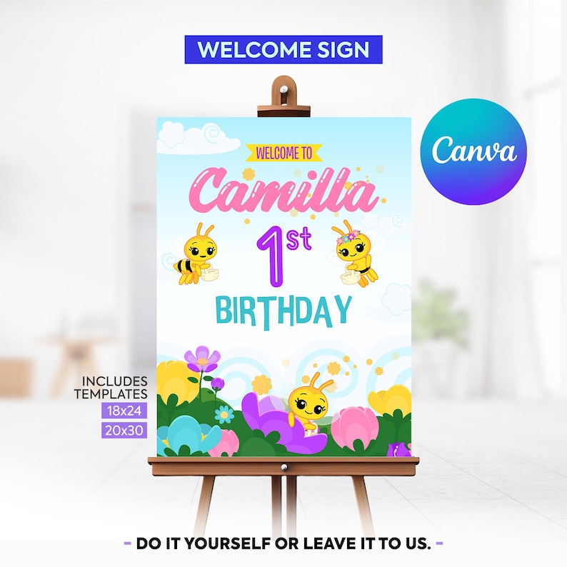 little bee plim plim birthday welcome sign, little bee birthday, little bee birthday decoration, Printable digital file, Template Canva. SW1 image 1