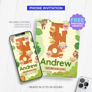 May include: A printable phone invitation for a birthday party. The invitation features a jungle theme with cartoon animals and the name "Andrew". The text on the invitation says "Sat. Dec. 14th 4 PM" and "Event Centre - Say Canticos Lane".