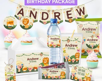 Personalisiertes Safari-Plim-Plim-Geburtstagspaket, kleine Biene-Partypaket, Party-Ausdrucke. Personalisiertes Geburtstagspaket