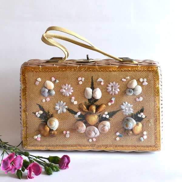 Vintage Vinyl Wicker Box Purse with Seashell Design