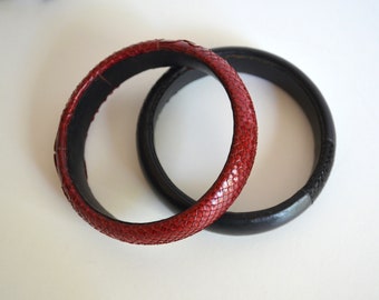 Pair of Vintage Burgundy and Black Snakeskin Leather Bracelets
