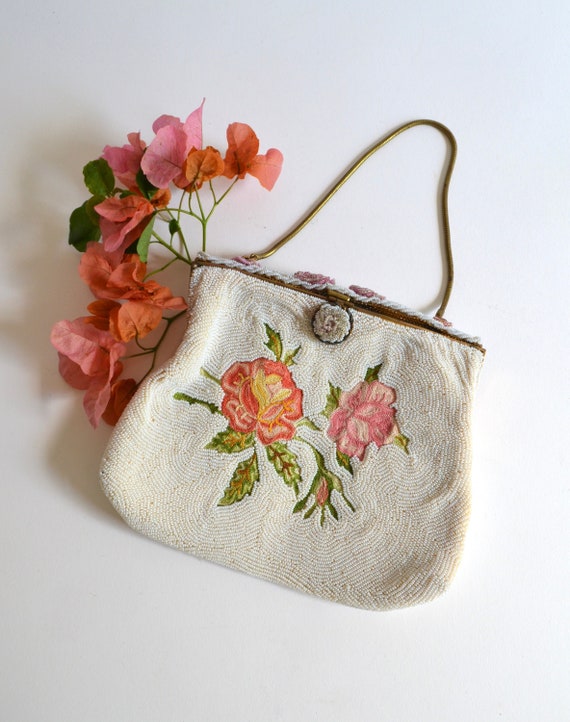Vintage White Beaded Purse With Tambour Embroidered Roses Etsy Canada
