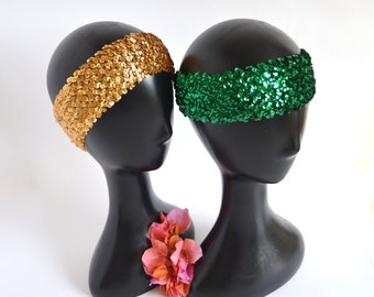 Vintage Sequin Elastic Headbands with Metal Clasp