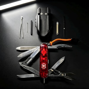 May include: A red translucent multi-tool pocket knife with multiple stainless steel blades and tools extended, including scissors, a file, and a hook. Above it are a black plastic sheath, metal tweezers, a pin, and a small clear capsule.