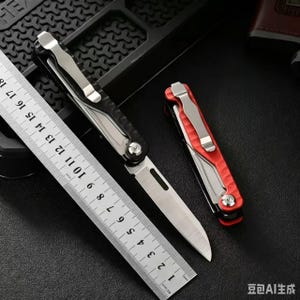 Könnte beinhalten: Ein schwarzes Klappmesser mit silberner Klinge und Taschenclip neben einem roten Klappmesser mit silbernem Taschenclip. Ein Metalllineal liegt neben dem schwarzen Messer und zeigt eine Länge von etwa 16,5 cm an.