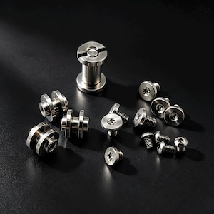 May include: A collection of silver-toned metal hardware components, including several cylindrical binding posts with slotted heads and a variety of smaller screws featuring star-shaped drive heads, all arranged on a dark, neutral surface.