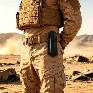 Puede incluir: Un uniforme táctico de camuflaje color canela que presenta un chaleco portaplacas modular con múltiples bolsillos y un cinturón equipado con una funda rígida negra para cuchillo. El conjunto incluye camisa de manga larga y pantalón cargo con rodilleras.