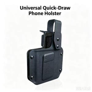 May include: A black Universal Quick-Draw Phone Holster made of rigid material with a belt clip attachment. The holster features a molded rectangular front panel secured by four visible screws and an open-top design for device access.