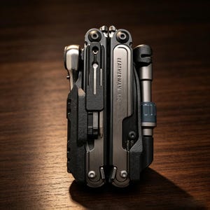 May include: A Leatherman Arc multi-tool in a closed, folded position. The tool features a metallic silver and matte black finish with visible screws, a pocket clip, and integrated components including a bit driver and a small cylindrical attachment.