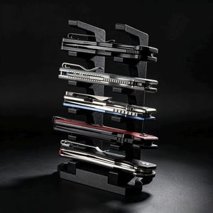 Puede incluir: Un soporte de exhibición vertical negro que sostiene cinco navajas plegables. El soporte cuenta con soportes horizontales escalonados para cada navaja. Las navajas varían en color, incluyendo negro, plata, azul y rojo, con clip de bolsillo.
